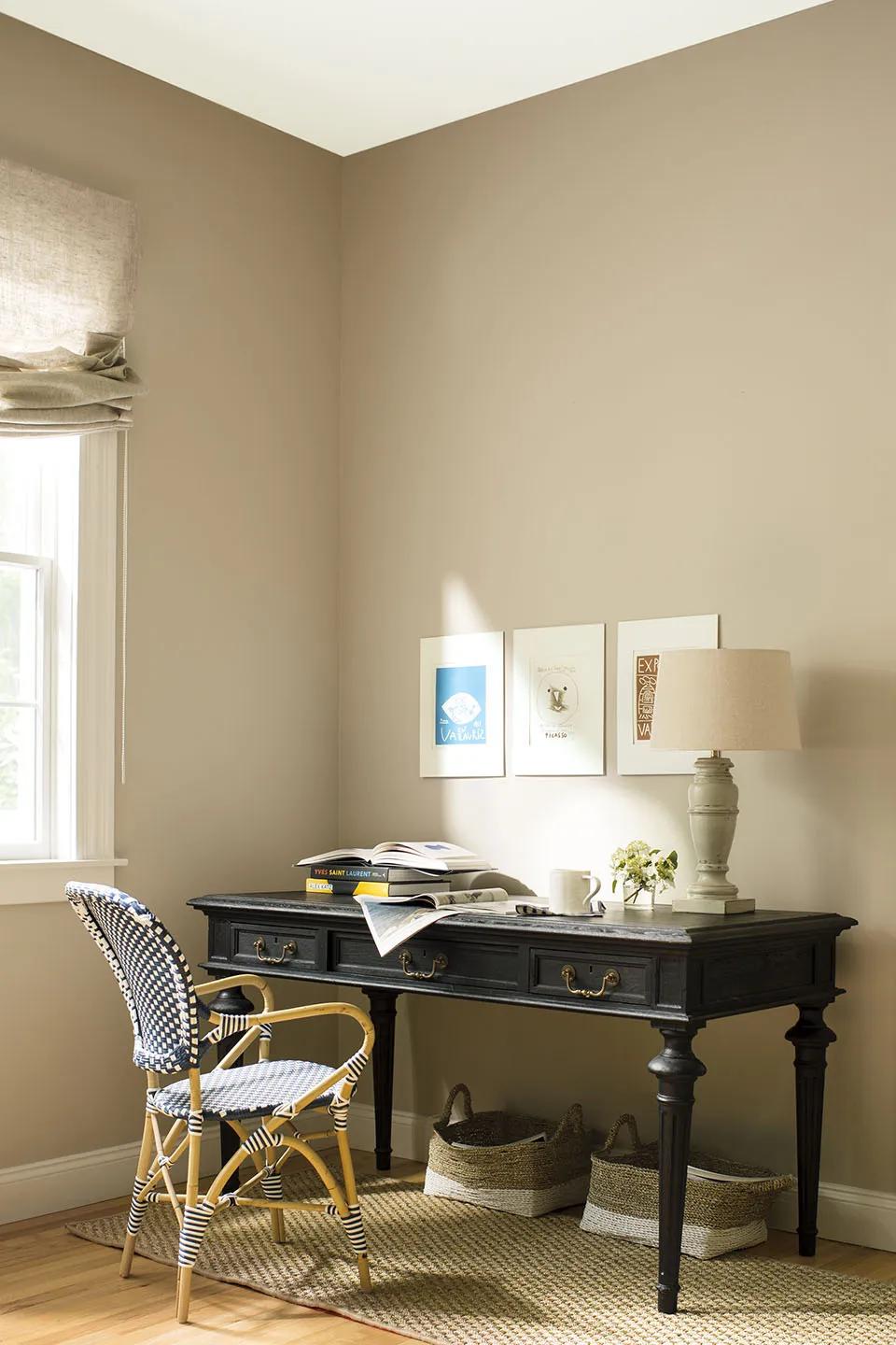 Home office with Shaker Beige walls and crisp white trim